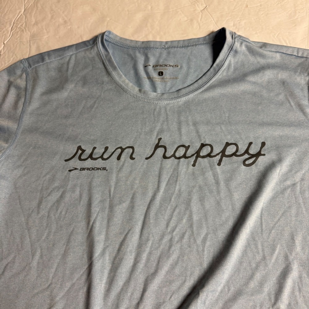 Brooks Women Run Happy Shirt Large Blue Short Sleeve Performance Tee